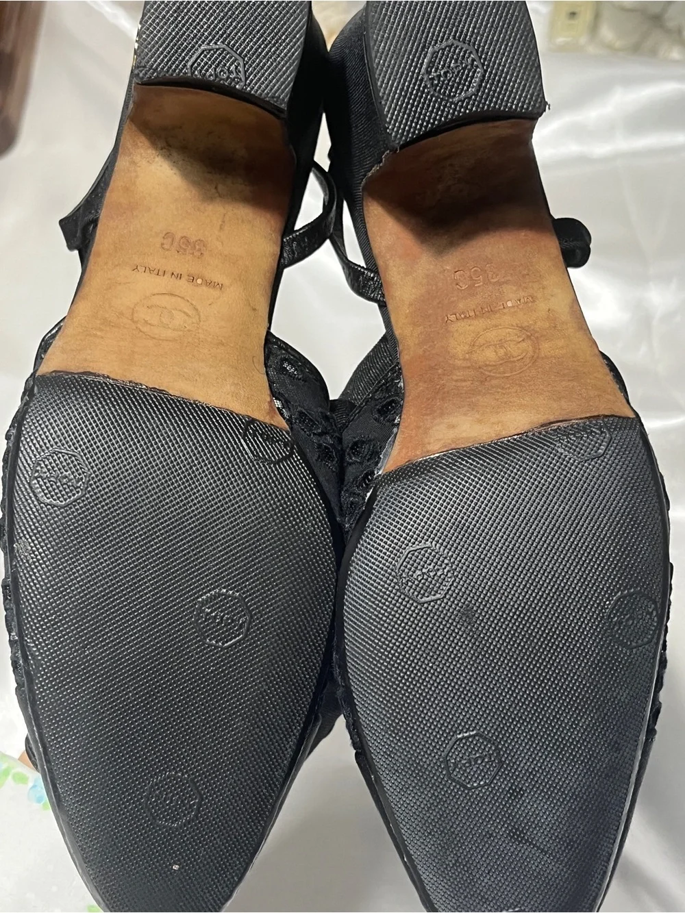 CHANEL Black Slingback Lace-Trim Pumps